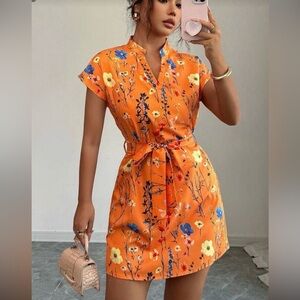 SHEIN Orange Floral Tie-Waist Mini Dress